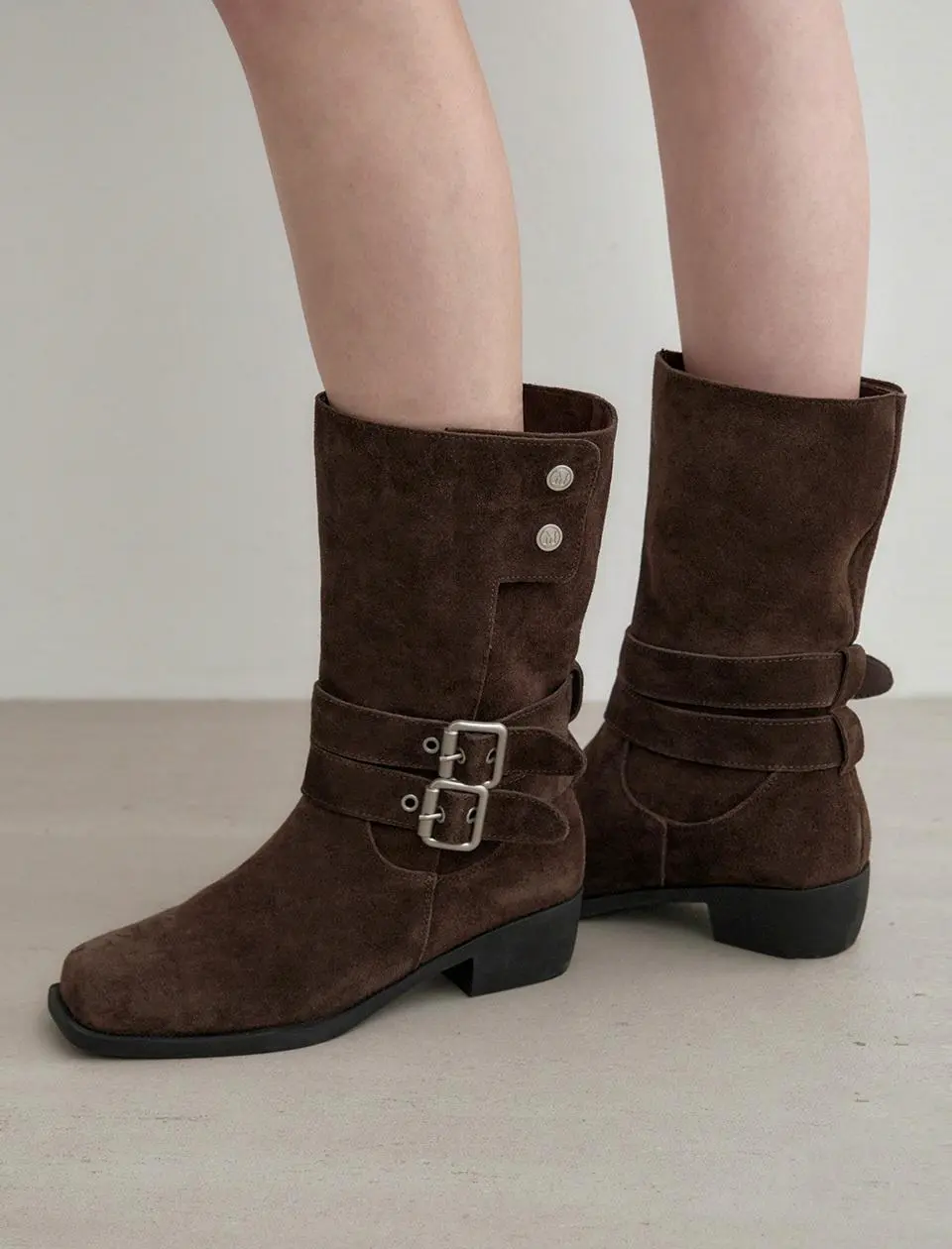 2-way Cow Leather Suede Buckle Mid Boots (MDAC043)